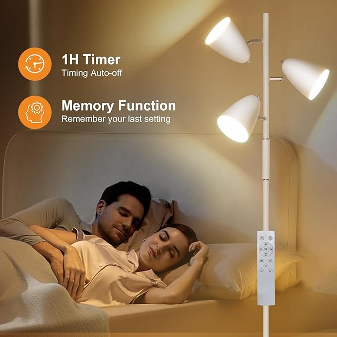 QiMH LED Floor Lamp for Living Room, Modern Dimmable Standing Lamp with 4 Color Temperature,Remote and Touch Control, Tree Floor Lamp for Bedroom with 3 Rotatable Lights Bright Stand up Lamp, White