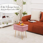 Wimarsbon Faux Mink Fur Storage Ottoman, Modern Soft Footstool, Storage Bench with Metal Legs, Vanity Seat, Fur Stool, Ottoman Coffee Table, Makeup Chair, Vanity Stools for Bedroom (Pink)