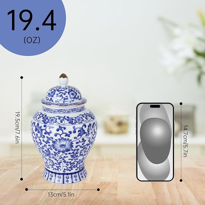 Chinoiserie Ginger Jar,7.6 Inch Ceramic Bule and White Ginger Jar w/Lid,Porcelain Ginger Jars Vase for Home,Living Room,Coffee Table,Mantle Fireplace (Bule&White)
