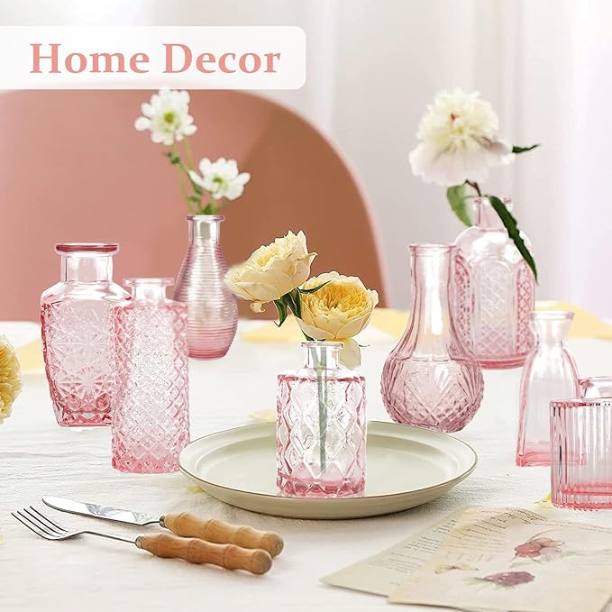 BEAHOT 22 Pack Pink Flower Vase in Bulk,Mini Vintage Glass Bud Vases for Centerpieces,Wedding Decor,Party & Home Decaration,Mother's Day (Pink)