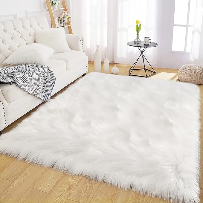 Latepis Off White 3x4 Area Rug Faux Sheepskin Fur Rug Washable Furry Rugs for Bedroom Fluffy Rugs for Living Room Dorm Cushion Luxury Home Decor Rectangle