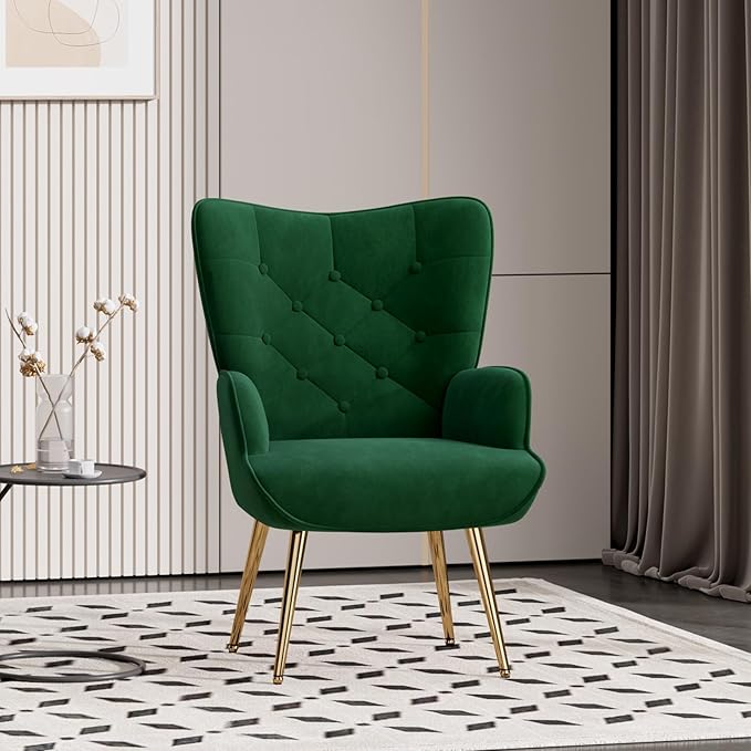 Nalupatio Mid Century Modern Velvet Accent Chair, Tufted Button High Back Chair, Upholstered Wingback Armchair with Metal Legs, High Back Side Chair for Living Room Bedroom, Green