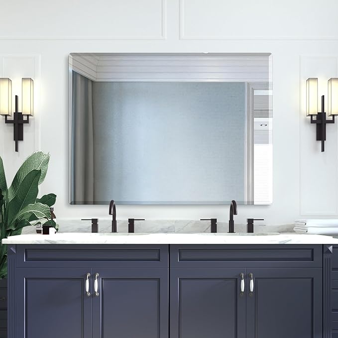 Mirrorons Beveled Mirror, Wall Mirror 40" x 30", Frameless Rectangle Bathroom Mirror with Beveled Edge, Hangs Horizontally or Vertically. Rounded Corner Tempered