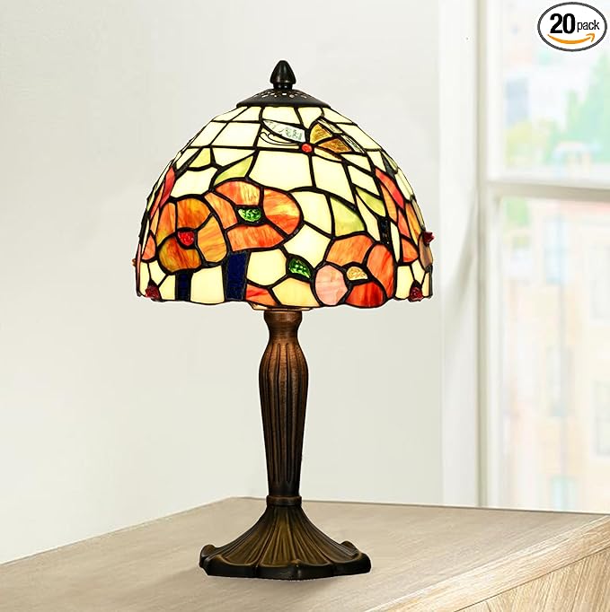 TL0029 Tiffany Style Table Lamp Stained Glass Floral Shade with Bronze Base Vintage Art Deco Desk Light for Bedroom Living Room Decor (Blossom)