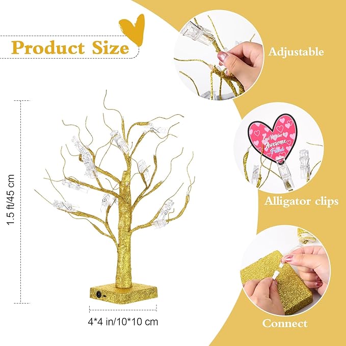 Money Holder Tree Present Card Holder, LED Birch Twig Tree Lights Tabletop, Display Tree with 12 Clear Clips for Christmas, Memo, Present Card, Photo, Wedding (Gold, Warm White,Vivid Style)