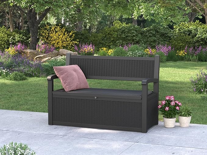 70 Gallon Deck Bench with Storage,Outdoor Storage Box Bench Waterproof&Lockable, Resin Patio Furniture with Armrest for Patio, Porch, Garden,Black