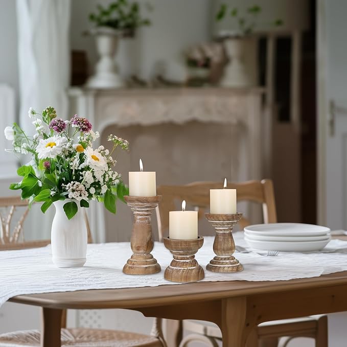Candle Holder for Pillar Candle Set of 3, Farmhouse Wood Candle Holder, Rustic Wooden Candle Stand, Vintage Small Wooden Candlestick HoldersDecorative for Living Room, Table Centerpiece (Brown)