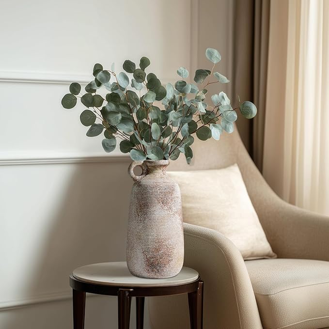 Sunddo 10 Inch Rustic Terracotta Ceramic Vase, Farmhouse Vintage Flower Vase with Handle, Centerpiece Table Decorations, Living Room Kitchen Bedroom Desk Shelf Decor Gift