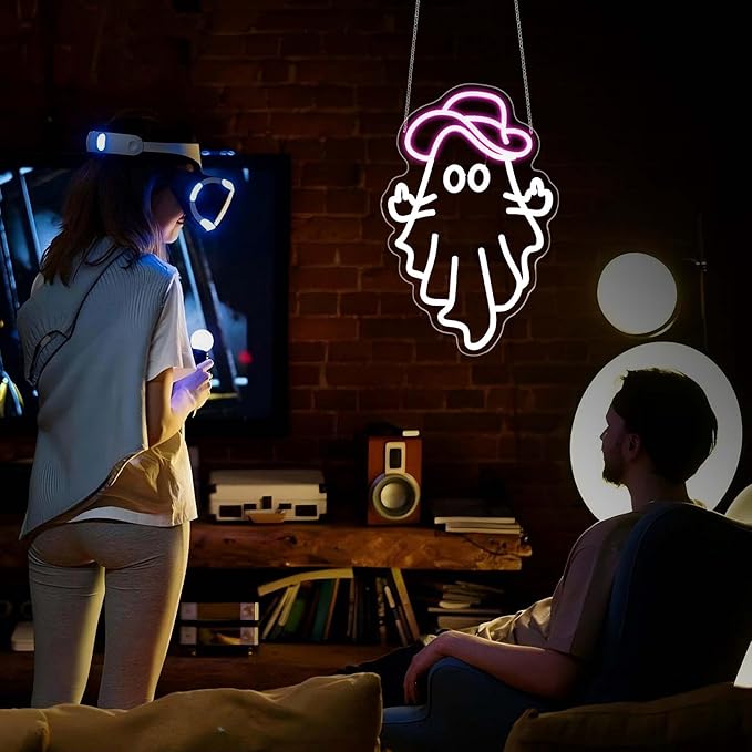 Cowboy Ghost Neon Sign, Neon Signs for Wall Decor Neon White Pink LED Signs Room Neon Light Up Signs Home Decor for Bedroom Club Party Bar Shop USB Operated
