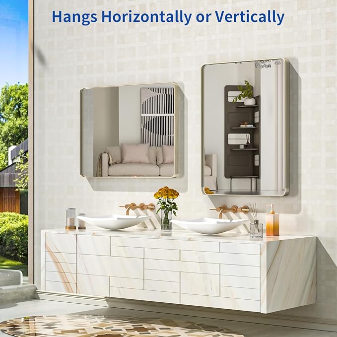 WEER 24X32 Inch Brushed Nickel Bathroom Mirror, Brushed Silver Metal Frame Mirror, Rounded Rectangle Silver Bathroom Vanity Mirror, Tempered Glass, Anti-Rust, Hangs Horizontally or Vertically