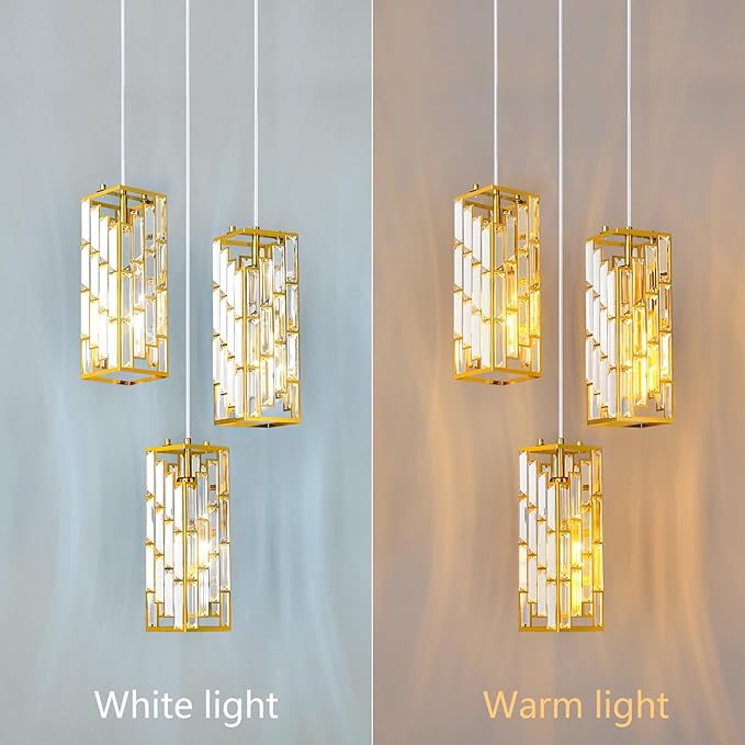 Gold Pendant Lighting Modern Pendant Light, Mini Crystal Chandeliers,Adjustable Pendant Light Fixture for Kitchen Island Dinning Room Bedroom (3 Light)