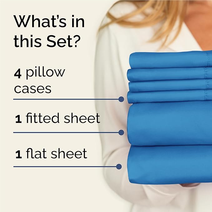 Full Sheets Set 6 Piece - Includes 4 Pillowcases - Bed Sheets Full Size - Soft Hotel Luxury Bedding - Cooling, Comfy, Cozy & Breathable - 1 Flat & 1 Fitted & 4 Pillowcases w/ Deep Pockets - Denim Blue