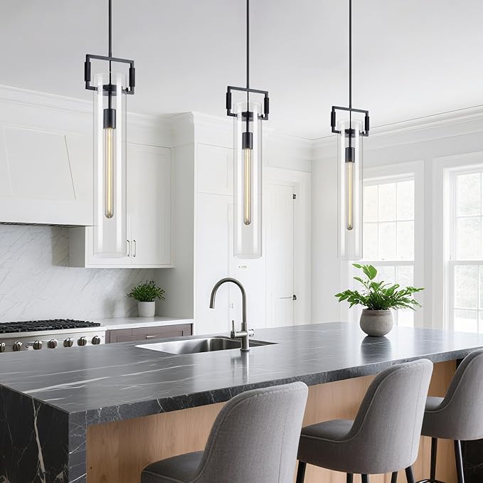 Modern Black Kitchen Island Pendant Light,21.6'' 1-Light Glass and Brass Island Pendant Lights,Farmhouses Pendant Light, for Kitchen,Dining Room,Bathroom