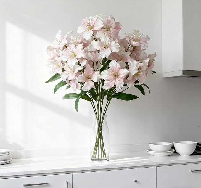 10-Bud Artificial Lily Flowers, 4 Pcs Fake Outdoor Flowers, UV Resistant Faux Flowers for Outdoor Planters, Silk Flowers for Wedding Decoration (Pink)