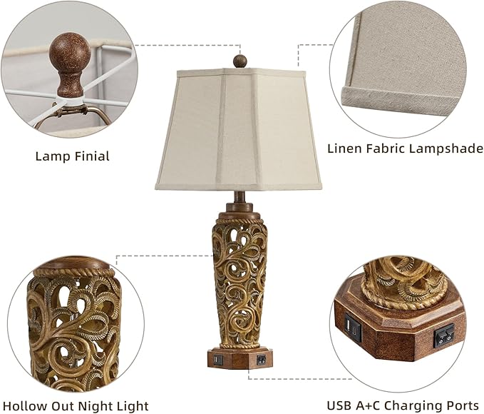 27" Set of 2 Farmhouse Table Lamps for Living Room Bedroom, Rustic Bedside Lamp with USB A+C Ports, Red Brown Resin Vintage Nightstand Lamps with Night Light, 2 Bulbs Include