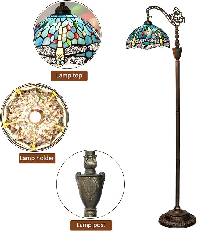 Tiffany Floor Lamp Vintage Standing Lamp Green Blue Dragonfly Stained Glass Floor Light Rustic Corner Gooseneck Floor Lamp with Adjustable Angle for Home Decor Living Room Bedroom 12X12X63 Inches