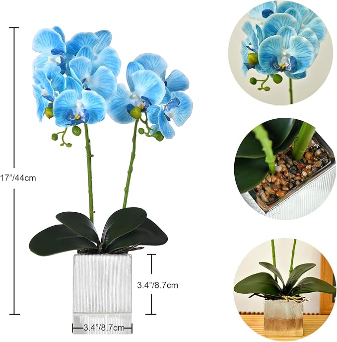 Artificial Potted Orchid Faux Phalaenopsis Silk Flowers Bonsai Realistic Arrangement in Silver Vase for Home Decoration Table Centerpiece, Blue