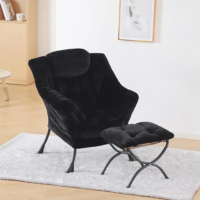 Plush Lazy Chair and Ottoman, Large Contemporary Accent Lounge Chair with Armrests and a Side Pocket, Modern Leisure Upholstered Sofa Reading Armchair with Footrest for Bedroom, Living Room