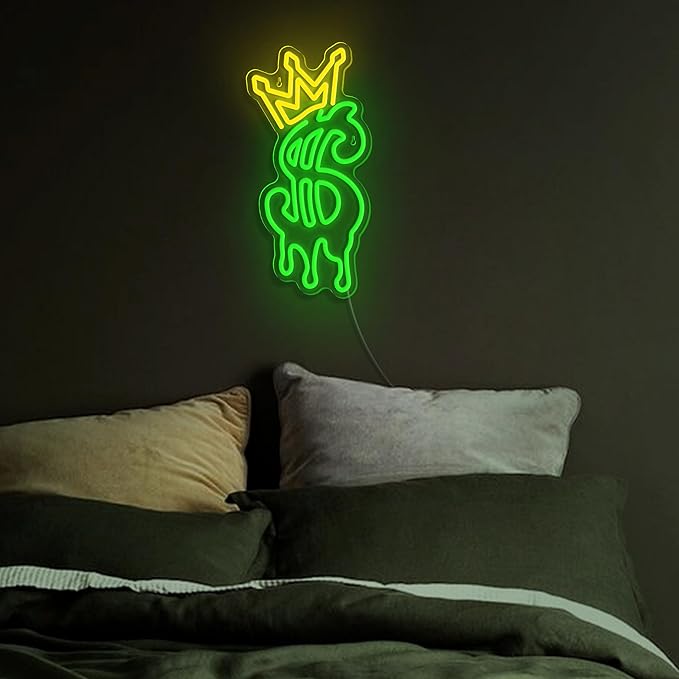 Money Neon Sign, Crown Dollar Neon Signs for Shop Store Wall Decor, USB Powered Adjustable Brightness Dollar LED Neon Light Sign for Man Cave Game Room Bar Pub Party Decor