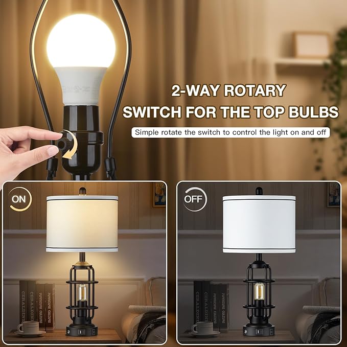 Modern Table Lamps Set of 2, Industrial 3-Way Dimmable Bedside Lamp with USB A+C Ports & AC Outlet, 25" Touch Control Nightstand Lamp LED Night Light for Living Room Bedroom Home(4 Bulbs Included)