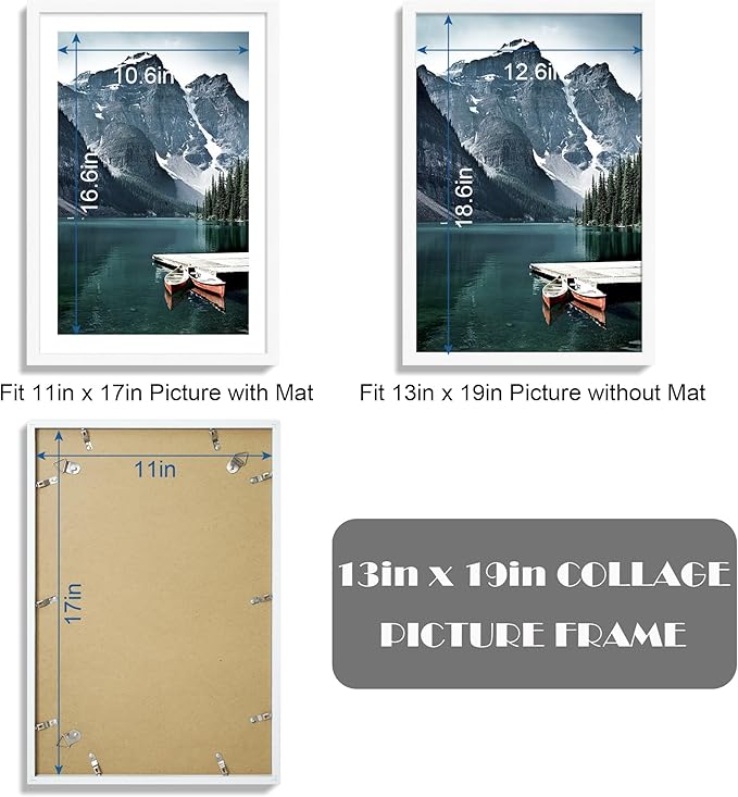13x19 Picture Frame Set of 3 - Display 11x17 Photo with Mat or 13 x 19 Poster without Mat, Wall Mounting Horizontal and Vertical, White