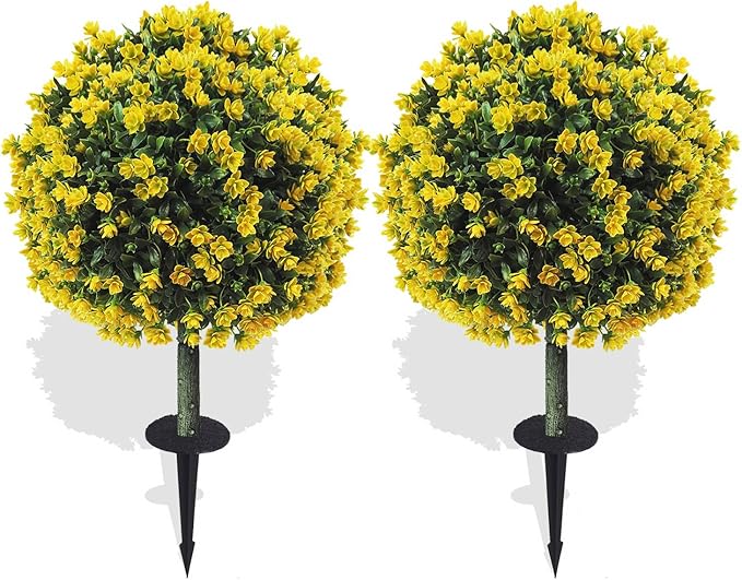 Set of 2 Artificial Boxwood Topiary Ball Trees with Yellow Flowers for Outdoor with Ground Spike 29.5", UV Resistant Faux Greenery Shrubs, Fake Plants for Garden, Porch, Patio Valentine's Day Decor