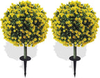 Set of 2 Artificial Boxwood Topiary Ball Trees with Yellow Flowers for Outdoor with Ground Spike 29.5", UV Resistant Faux Greenery Shrubs, Fake Plants for Garden, Porch, Patio Valentine's Day Decor