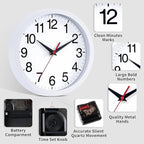 Wall Clock Modern 8 Inch Battery Operated Silent Non Ticking Small Analog Clock Decorative for Bedroom Kitchen Bathroom Office Home (White)
