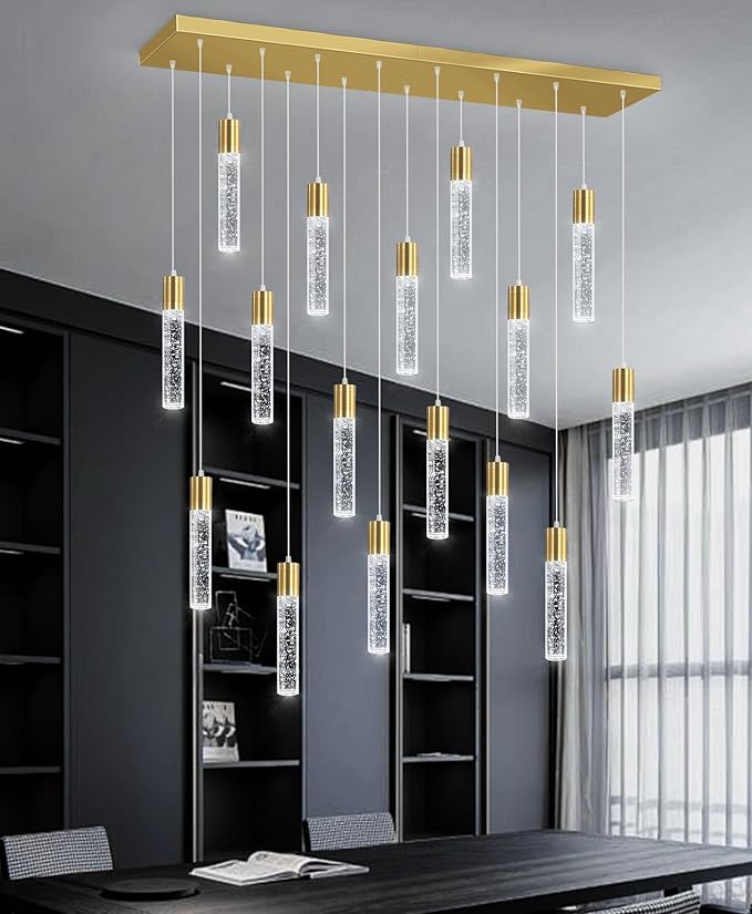 16-Lights Modern Crystal Rectangular Chandeliers LED Pendant Light for Kitchen Island High Ceiling Chandelier for Dining Room Entrance Foyer Living Room Gold