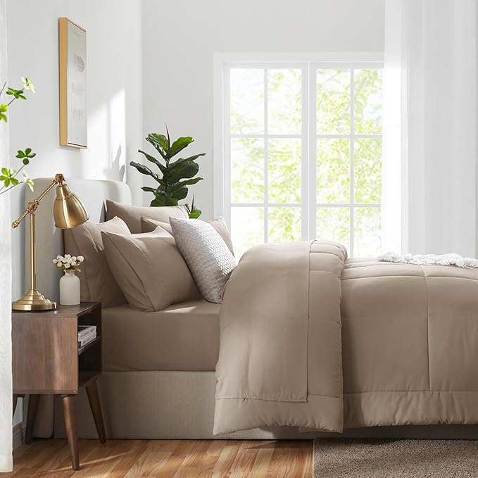 CozyLux Full Size Comforter Sets Khaki, 7 Pieces Bed in a Bag, Khaki Comforter Full Size, All Season Bedding Sets with Stitch Quilted Comforter, Flat Sheet, Fitted Sheet, Pillowcases