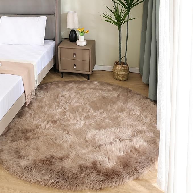 Latepis Large Round Rugs 6ft Light Brown Beige Circle Faux Sheepskin Rug Fluffy Fur Plush Shag Rug for Living Room Bedroom Carpet Plush Rugs Home Decor