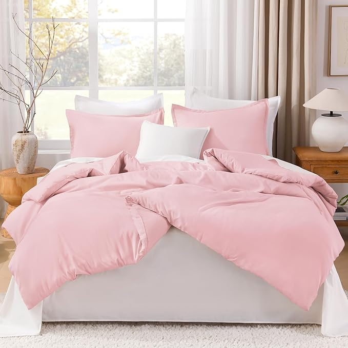 Litanika Comforters Pink Super King Plus Size, 3 Pieces Lightweight Solid Bedding Set & Collections, All Season Fluffy Bed Set (128x120In Comforter & 2 Pillowcases)
