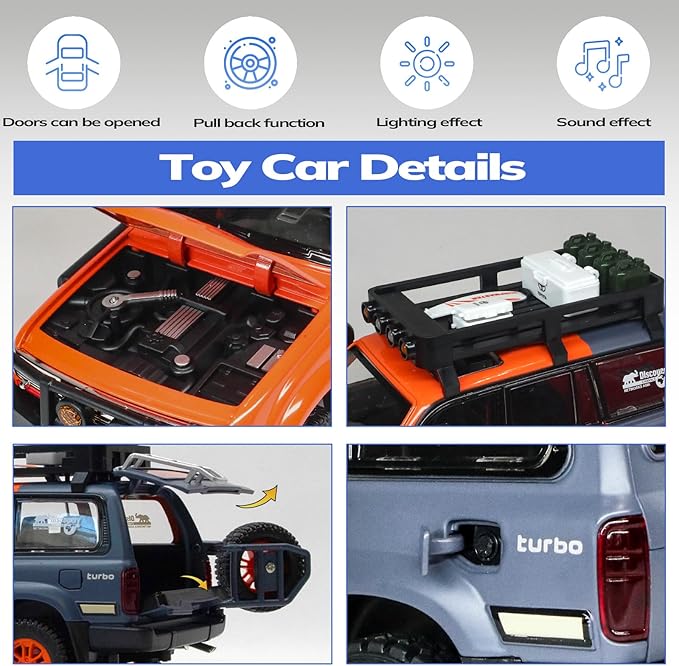 Toy Cars for Boys Diecast Cars 1 24 Scale Compatible with Land Cruiser LC80 Car Model Collectible,Pull Back Toy Car with Lights and Sounds,Toy Cars for Boys Age 4-7（Orange）