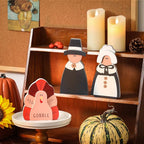 Amorita Fall Thanksgiving Decorations Wooden Turkey Pilgrim Couple Table Sign 3 Pcs Fall Thanksgiving Decor Standing Tabletop Sign Decor for Autumn Harvest - W