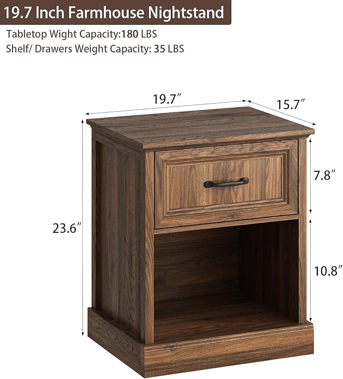 CARPETNAL 20" Farmhouse Nightstand Set of 2, End Table with Large Drawers & Open Storage, Side Table, Bedside Table for Bedroom, Living Room, Walnut