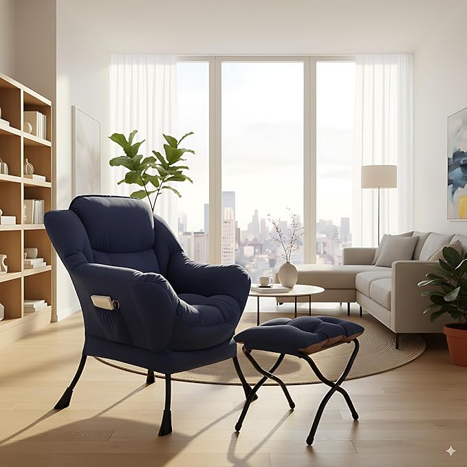 Cozy Lazy Chair and Ottoman, Large Contemporary Accent Lounge Chair Set, Leisure Upholstered Reading Armchair for Bedroom, Living Room, Dorm Rooms, Office