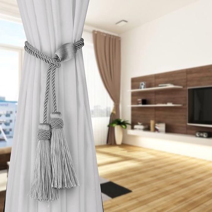 Silver Curtain Tiebacks with Tassel,Modern Rope Window Curtain Ties Backs for Draperies, Outdoor Elegant Decorative Curtain Holdbacks