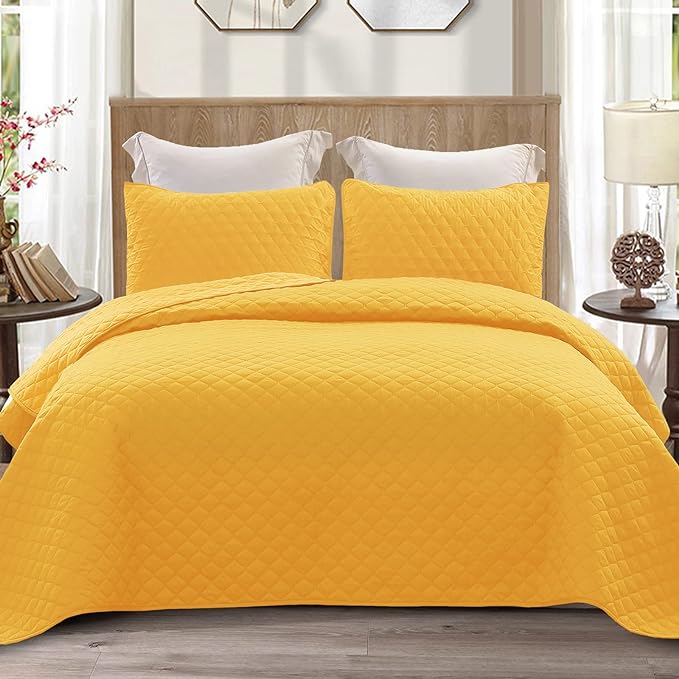 Exclusivo Mezcla Reversible Full Queen Quilt Bedding Set with Pillow Shams, Lightweight Quilts Queen Size, Soft Bedspreads Bed Coverlets for All Seasons - (Bright Yellow, 90"x96")