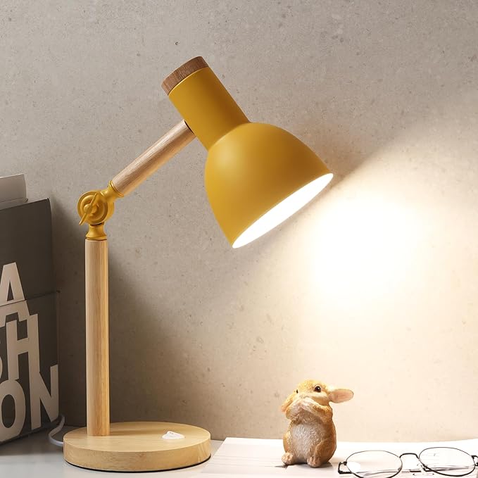 Table Lamp,Wooden Adjustable Tri-Color Desk & Bedside Lamp for Office, Living Room, Bedroom & Kids Room (Yellow)
