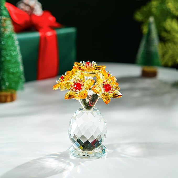 Yellow Glass Flower Bouquet Collectible Figurines Crystal Flower Ornament Wedding Anniversary for Women Wife
