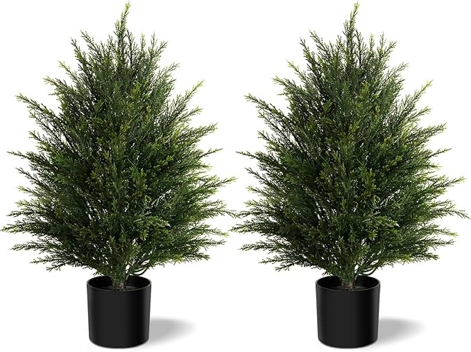 Artificial Topiary Ball Tree, Indoor Realistic Faux Boxwood Bush Potted Plants, Outdoor Fake Shrubs Cedar Evergreen Plants for Home Living Room Front Porch Decor (2, 2ft)
