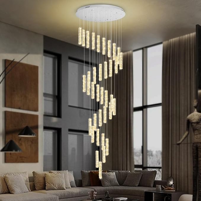 150 Inches Long Crystal Chandelier Large Spiral Stair Chandeliers for High Ceilings Foyer Entryway Flush Mount Ceiling Lights 36-Light Silver LED Dimmbale