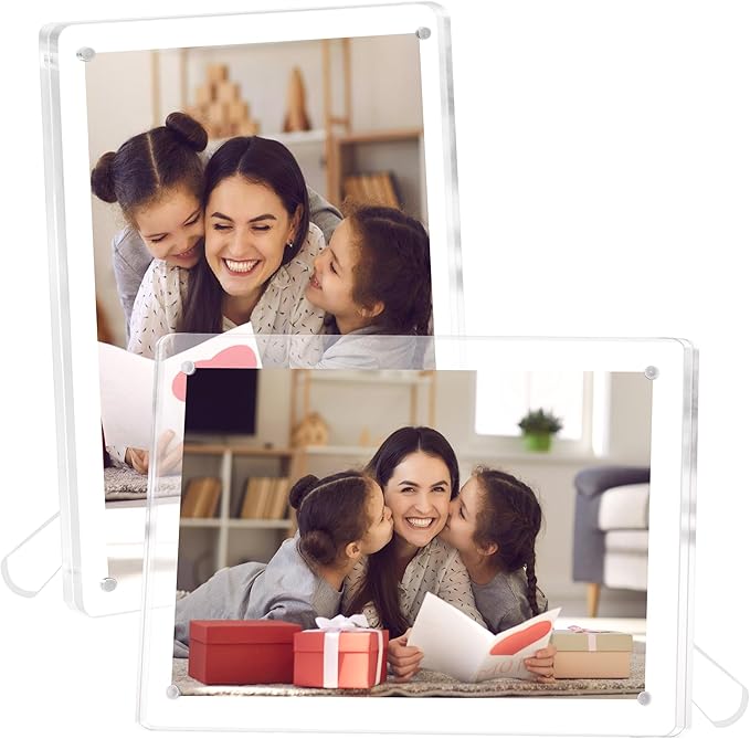 FIXSMITH 5x7 Acrylic Picture Frames 2 Pack, Clear Picture Frame with Stand, Magnetic Acrylic Photo Frames for Tabletop Display Horizontally or Vertically, Acrylic Floating Frame for Home Office