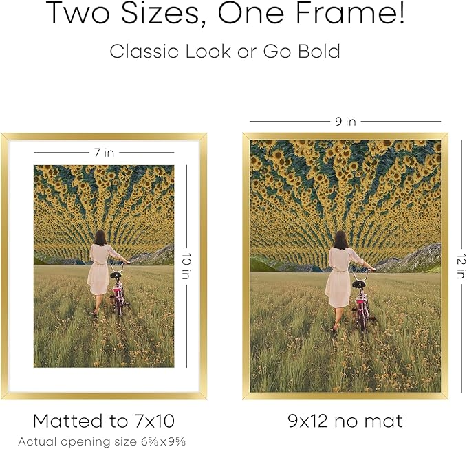 Homeforia 9x12 Gold Frame, High End Metal 9 x 12 Picture Frames with Mat 7 by 10 inch Photo, 9by12 Thin Poster Frame Matted to 7x10 Art, 12x9 Wall or Tabletop Frame, Tempered Glass, Wall Kit, Set of 1
