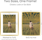 Homeforia 9x12 Gold Frame, High End Metal 9 x 12 Picture Frames with Mat 7 by 10 inch Photo, 9by12 Thin Poster Frame Matted to 7x10 Art, 12x9 Wall or Tabletop Frame, Tempered Glass, Wall Kit, Set of 1