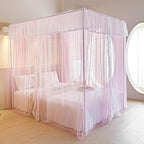AIKASY 4 Corners Post Ruffle Princess Bed Canopy Curtain - Double Layer Cozy Drape Netting with 4 Openings - Elegant Mosquito Net for Girls and Adults Bedroom Decoration (Pink,Full)