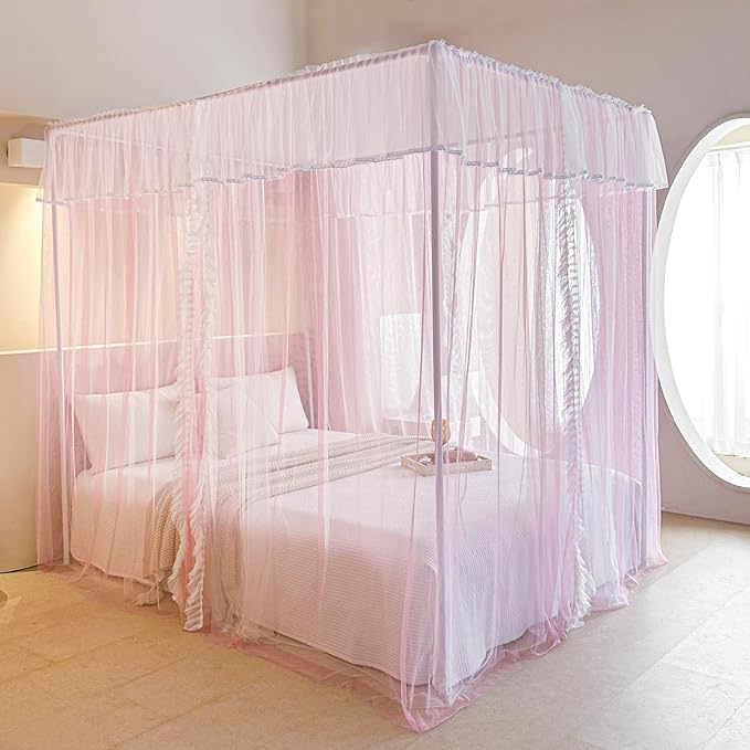 AIKASY 4 Corners Post Ruffle Princess Bed Canopy Curtain - Double Layer Cozy Drape Netting with 4 Openings - Elegant Mosquito Net for Girls and Adults Bedroom Decoration (Pink,Full)