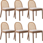 Mid Century Dining Chairs Set of 6, Accent Rattan Linen Fabric Side Chairs Kitchen Chair with Solid Wooden Legs for Living Room Dining Room, Beige