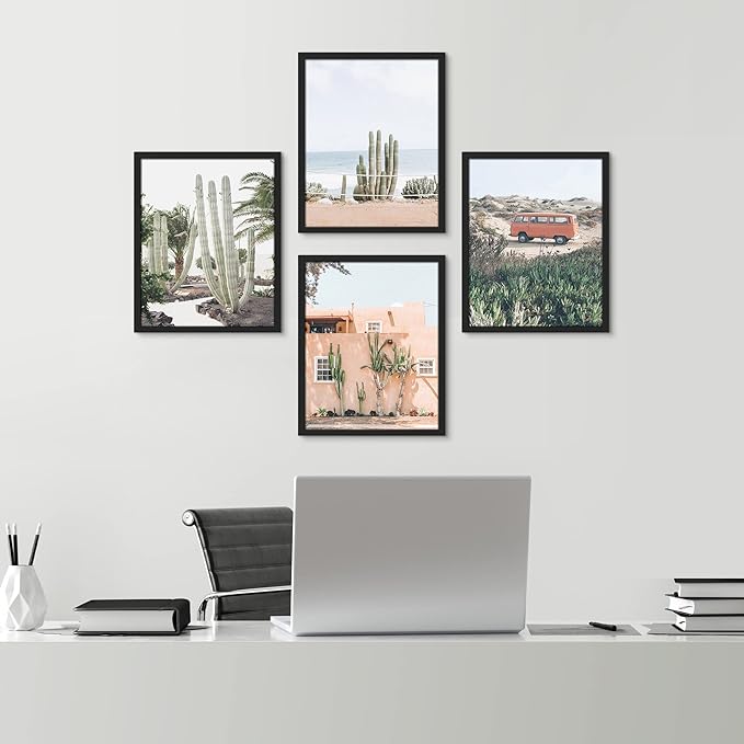 SIGNWIN Framed Cactus Desert Wall Art, Set of 4 Cactus Desert Wall Decor Prints, Nature Wilderness Wall Décor for Living Room, Bedroom - 11"x14"x 4 Black