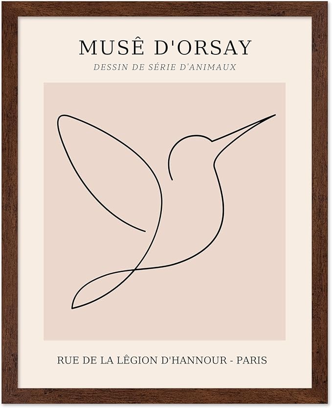 Poster Master Vintage Poster - Retro One Line Hummingbird Drawing Print - Bird Line Art - Minimal Gift for Him, Her, Animal Lover - Abstract Decor for Home, Office, 8x10 Brown Framed
